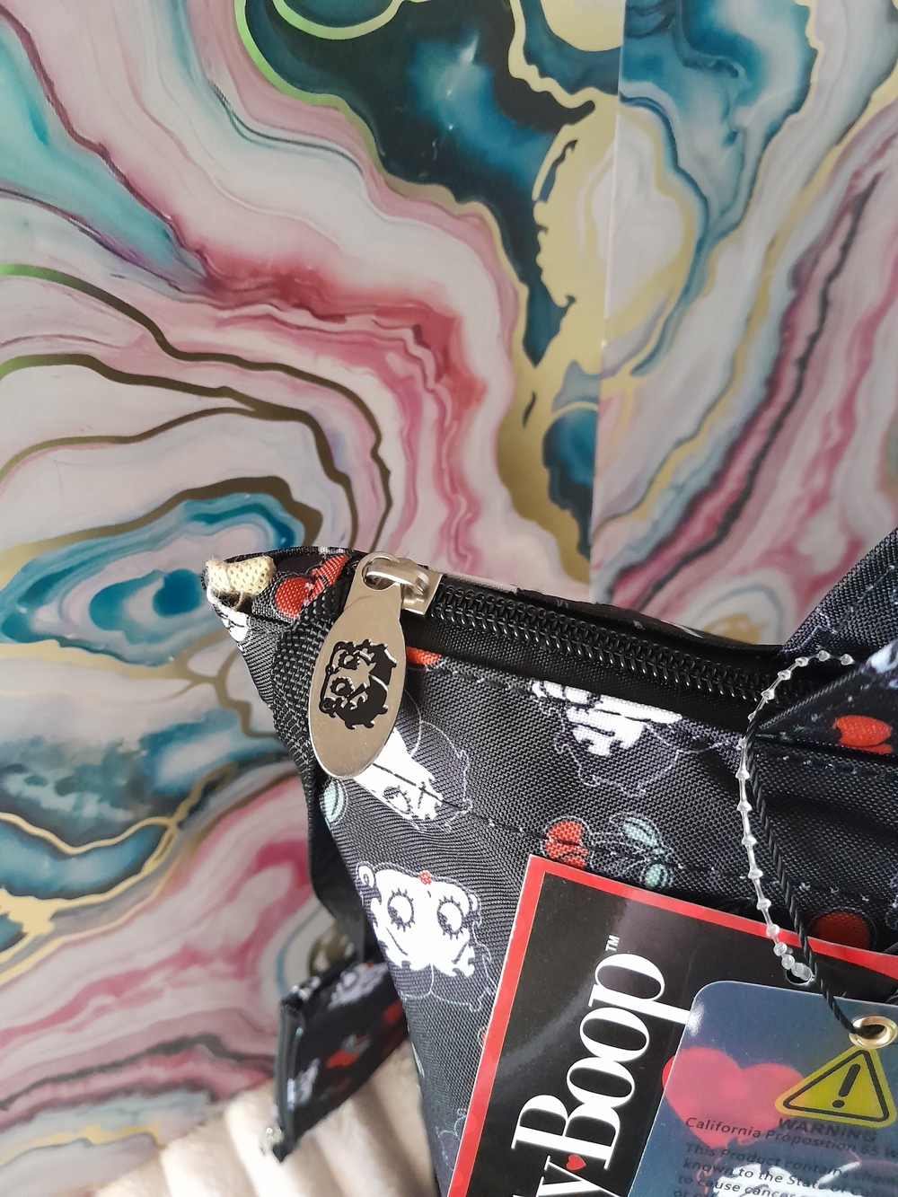 2 Piece Betty Boop Cherry Print Shoulder Tote With Attached Pouch Bag Pink Black - Picture 4 of 10